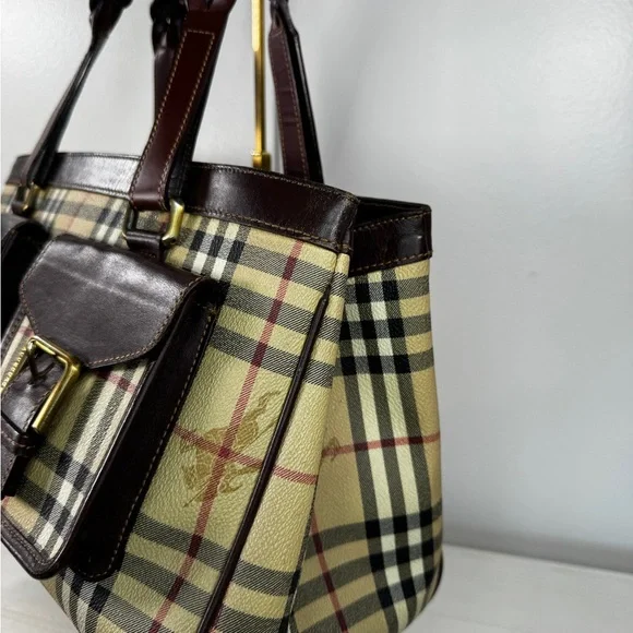 Burberry Nova Check Tote Bag Vintage House Check Canvas Leather Shoulder Bag - Picture 3 of 15